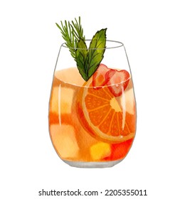 Hand drawing of drink with ice mint,rosmarin and strawberry, juice, cocktail