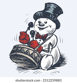 Hand drawing of drummer snowman, cheerful cartoon musician playing in christmas, vector illustration