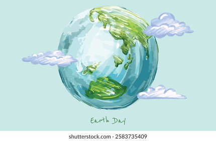 Hand Drawing Earth Day Painting Green Globe Ecological World day Conservation Vector Illustration