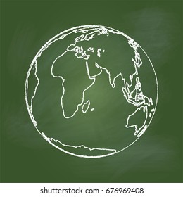 Hand drawing of the Earth on textured green board. Education Concept, Vector Illustration
