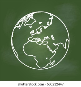 Hand drawing of the Earth on textured green board Europe, Asia and Africa regional, Education Concept, Vector Illustration