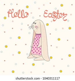 Hand drawing easter cartoon bunny. Greeting card.