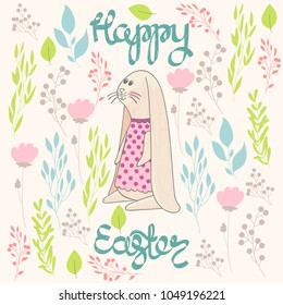 Hand drawing easter cartoon bunny. Greeting card.
