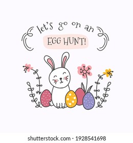 Hand drawing easter white bunny witn easter eggs. Let's go on an Egg Hunt! Vector illustration 