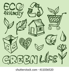  Hand drawing Eco friendly set. Vector illustration.