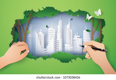  hand drawing  ecology  and environment with green city.paper art and digital craft style