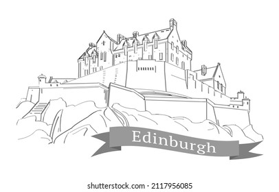 Hand drawing of Edinburgh Castle. Famous old Castle in Scotland, United Kingdom. Historic sight. Vintage engraving sketch of Edinburgh Castle. Vector 