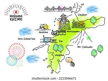 hand drawing EHIME JAPAN tourist spot map, vector
