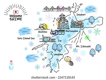 hand drawing EHIME JAPAN in Winter tourist spot map, vector