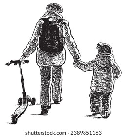 Hand drawing of eldelry woman with her grandson and scooter walking outdoors together