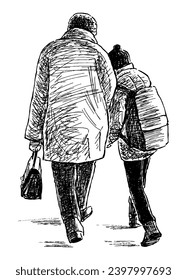 Hand drawing of elderly woman with her grandson schoolboy walking down street together