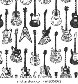 Hand drawing electric & acoustic guitar collection. Isolated vector seamless background