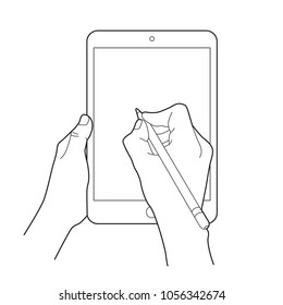 Hand drawing with a electronic pencil  on a tablet touch device. Gesture icon for tablets. Simple outlined vector icon. White background.