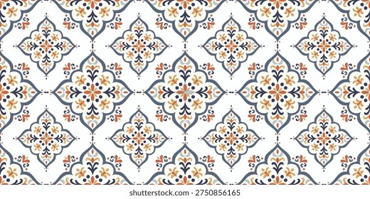 Hand drawing Elegant seamless Moroccan tile pattern with ornate floral and geometric motifs in blue, ocher, and gray on a clean white background.