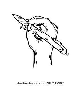 Hand drawing element of hand holding pen in black and white.