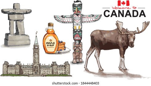 Hand Drawing elements for traveling to Canada Landmark set. Inukshuk at the summit of Whistler Mountain, The Center Block and the Peace Tower in Parliament Hill, maple syrup, totem wood pole, moose.