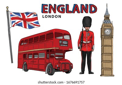 Hand Drawing Elements For Traveling To England, Landmark. London Bus, United Kingdom Flag, Standing British Royal Guard Holding Gun, Big Ben Clock Tower.