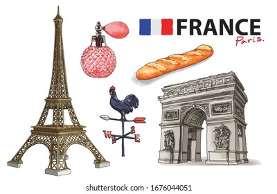 Hand Drawing elements for traveling to France, Landmark. Cockerel Rooster weather vane, Eiffel tower, Perfume Bottle, Baguettes, Triumphal Arch in Paris.