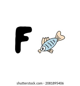 Hand drawing English letter F. Doodle alphabet, letter and fish. ABC