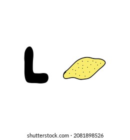 Hand drawing English letter L. Doodle alphabet, letter and lemon. ABC
