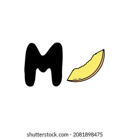 Hand drawing english letter M. Doodle alphabet, letter and melon. ABC