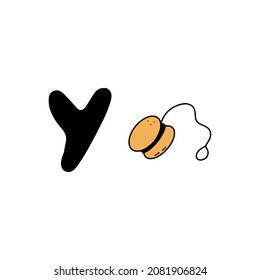 Hand drawing English letter Y. Doodle alphabet, letter and yo-yo. ABC