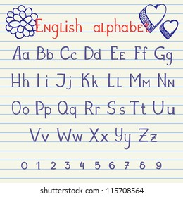 Hand drawing english letters and numbers on school notebook