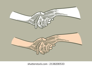 hand drawing engraving hand big holding child hand isolated on grey background.