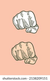 hand drawing engraving hand fist arm isolated on pink background