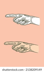hand drawing engraving hand pointing isolated on pink background