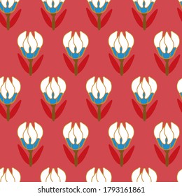 Hand Drawing Ethnic Tile Tulips Repeating Vector Pattern Isolated Background 