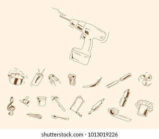 Hand drawing everyday objects illustration set