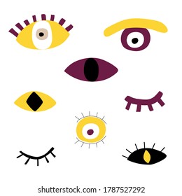 Hand drawing evil eyes set. Abstract different shapes of talismans in flat cartoon style. Modern vector illustration. Collection of eyes isolated on white background