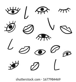 Hand drawing eye, nose, mouth with pop art element on white background, Vector Illustration doodle line art style.