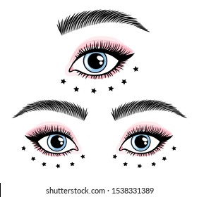 Hand drawing eyes and eyebrows. Vector Illustration for makeup services or eyelashes and eyebrows bar isolated on white background.