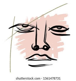 Hand drawing face in abstract style. Creative modern contemporary art. Single continuous line on colorful background 