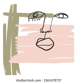 Hand drawing face in abstract style. Creative modern contemporary art. Single continuous line on colorful background 