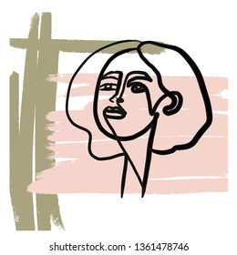 Hand drawing face in abstract style. Creative modern contemporary art. Single continuous line on colorful background 