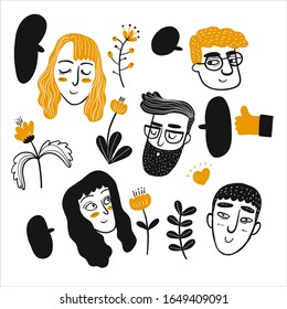 Hand drawing face of people with flower element on white background, Vector Illustration doodle line art style.