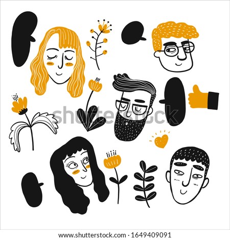 Hand drawing face of people with flower element on white background, Vector Illustration doodle line art style.