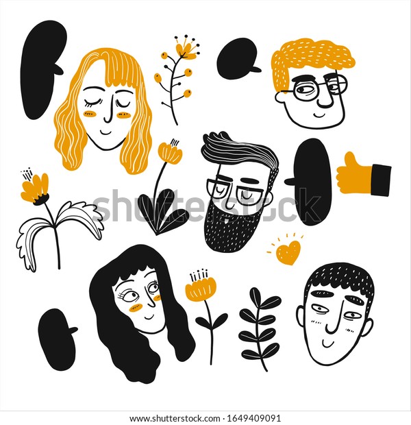 Hand drawing\
face of people with flower element on white background, Vector\
Illustration doodle line art\
style.