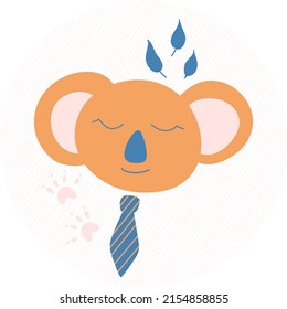 Hand drawing of the face of a satisfied koala with a tie. Doodle style. Children's drawing. Vector illustration