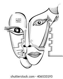 Hand drawing faces in cubism style. Abstract surreal vector template can use for posters cards, stickers, illustrations, t-shirt art, as decorative element.