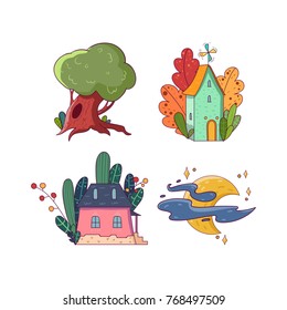 Hand drawing fairy set. Big green oak-tree. Two little houses surrounded by different colorful plants. Bright moon with stars and clouds. Vector in kid s cartoon style