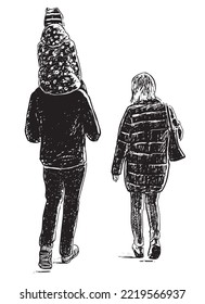 Hand drawing of family casual young citizens with little child walking outdoors