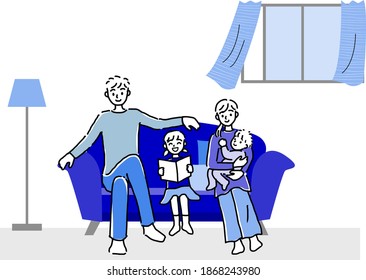 hand drawing family at ventilated room flat illustration