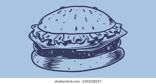 Hand drawing fast food of big hamburger. Junk food restaurant fast food menu.