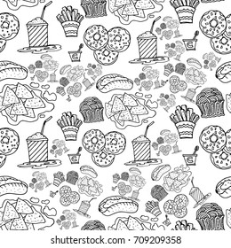 Hand drawing fast food doodles vector seamless pattern