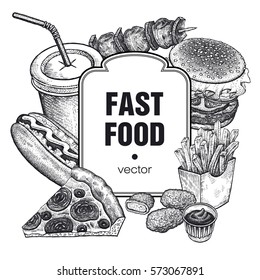 Hand drawing of fast food and place for inscriptions. Set of food and drink on white background. Design for fast-food restaurants, cafes, menus and advertising posters. Vector illustration vintage art