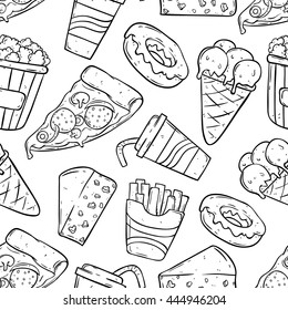 Hand drawing fast food in seamless pattern
